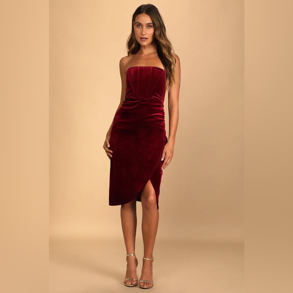 Lulus Glamorous Celebrations Wine Red Velvet Strapless Tulip Dress
